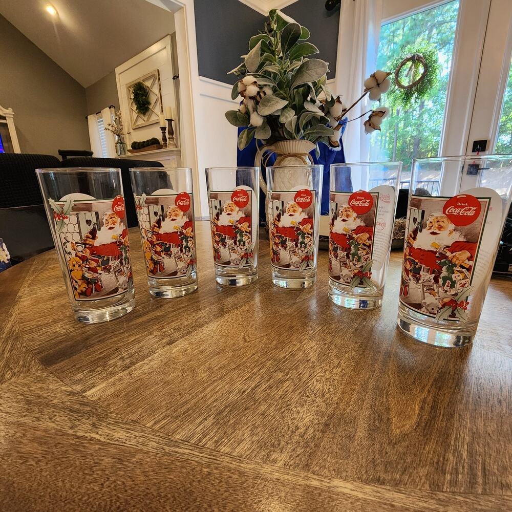 6 Vtg Krystal 1994-95 CocaCola Christmas Santa Collector Drinking Glasses 6 1/4"
